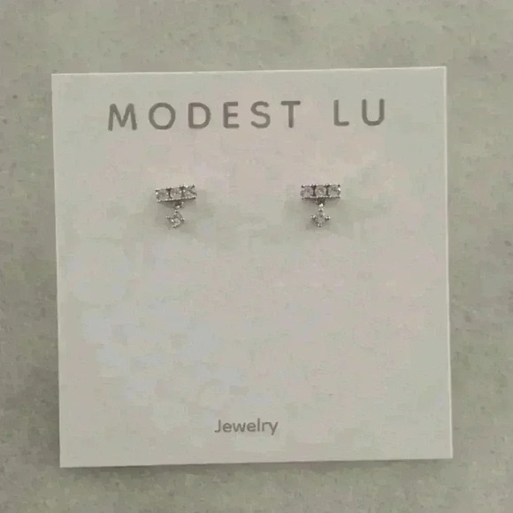 Sterling Silver Crystal Bar Dangle Huggie Stud Earrings - Picture 2 of 3